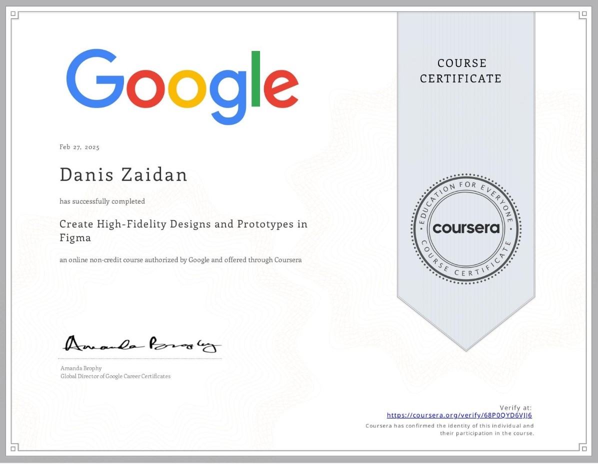 High-Fidelity Designs & Prototypes certificate