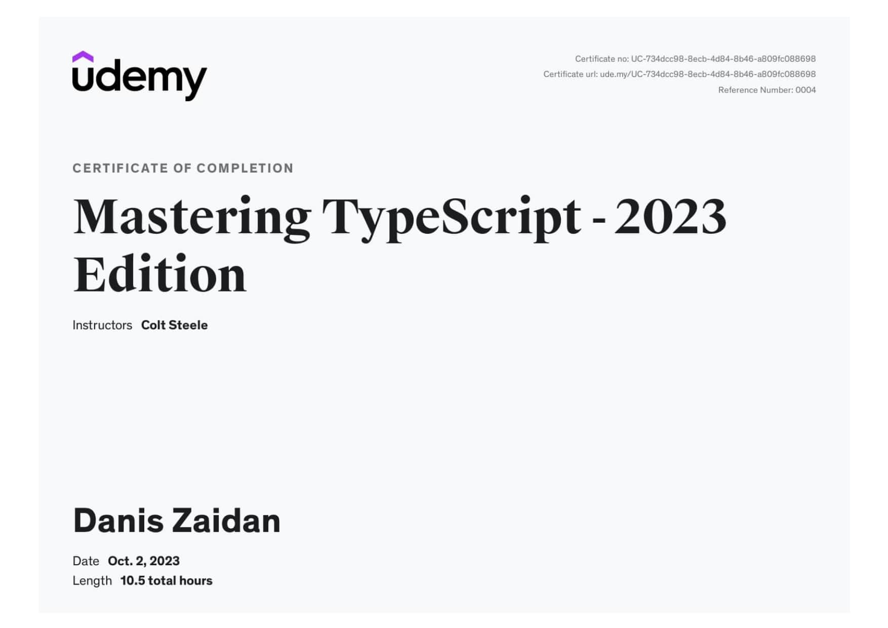 Mastering TypeScript certificate